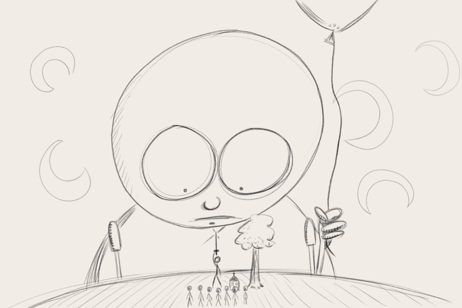A huge bald figure with very large eyes holds a balloon while observing a small scene before it: one stick figure holds aloft a gleaming sword, while 7 figures look on. Next to him is a small building with a cross on top, and a tree.