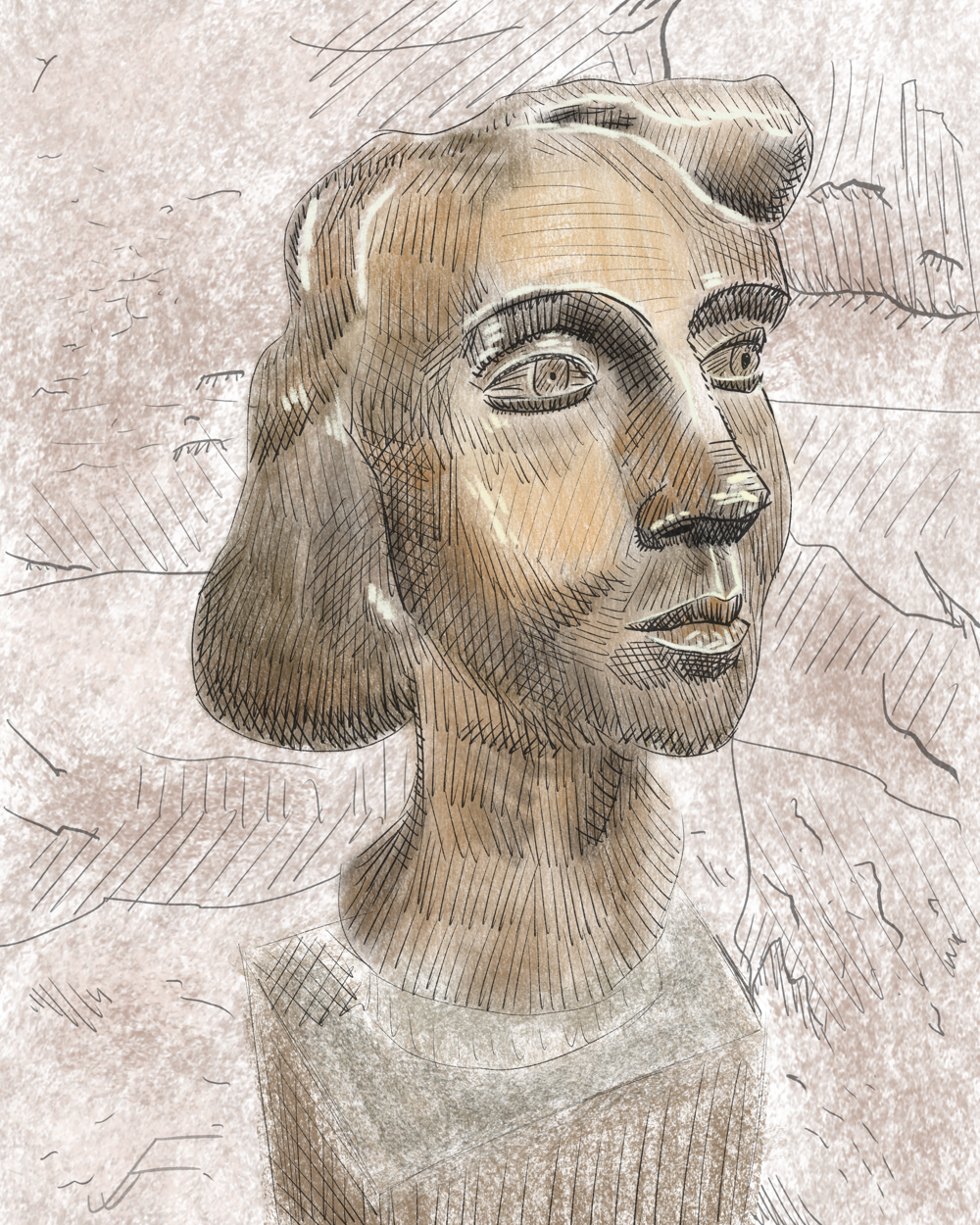 A drawing of a bust of a woman