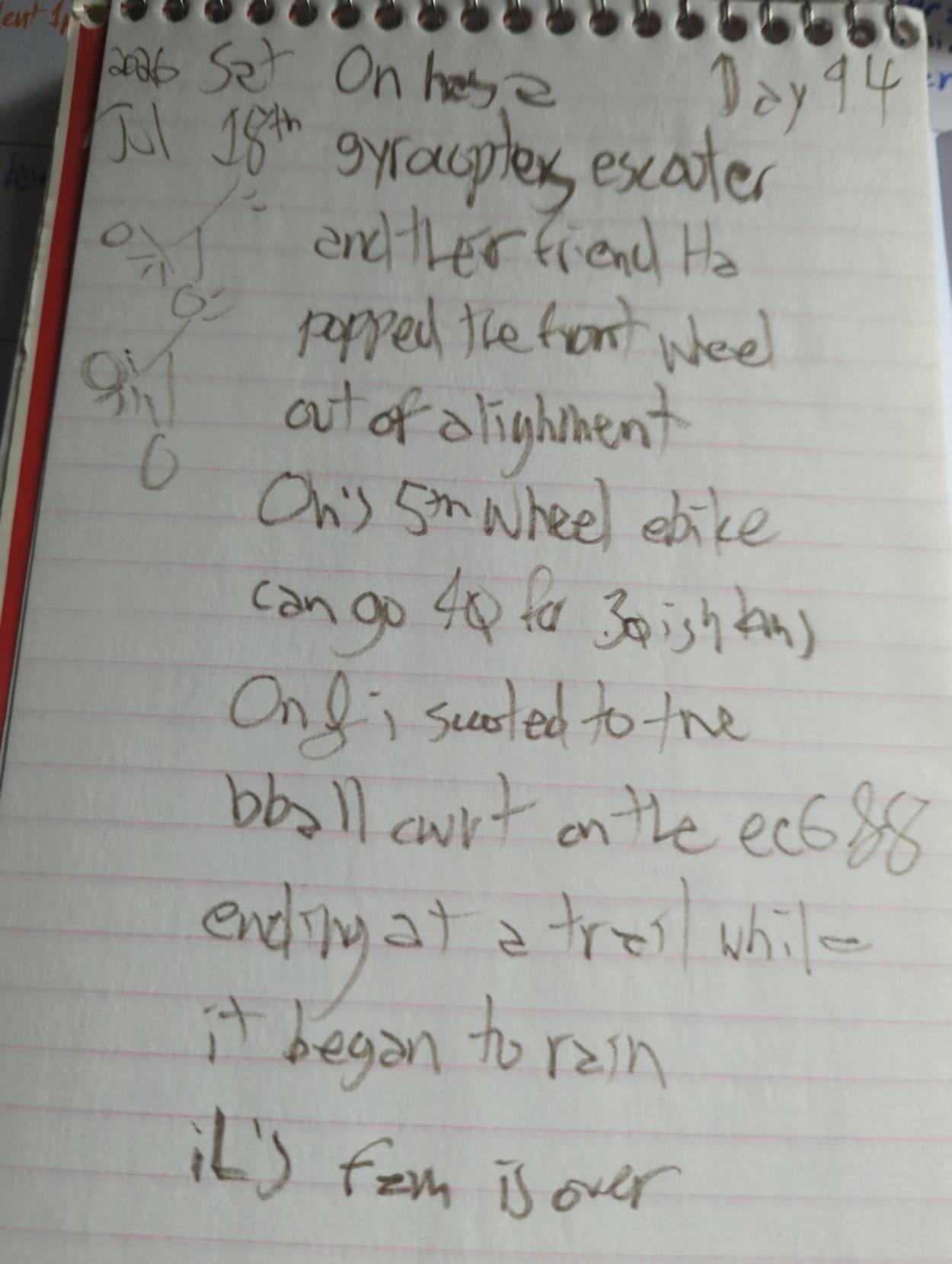 (escooters sketch)

On has a gyrocopters escpoter and their friend Ha popped the front wheel out of alignment

On's 5th wheel ebike can go 40 for 30ish kms

On & i scooted to the bball court on the ec6&8 

ending at a trail while it began to rain

iL's fam is over