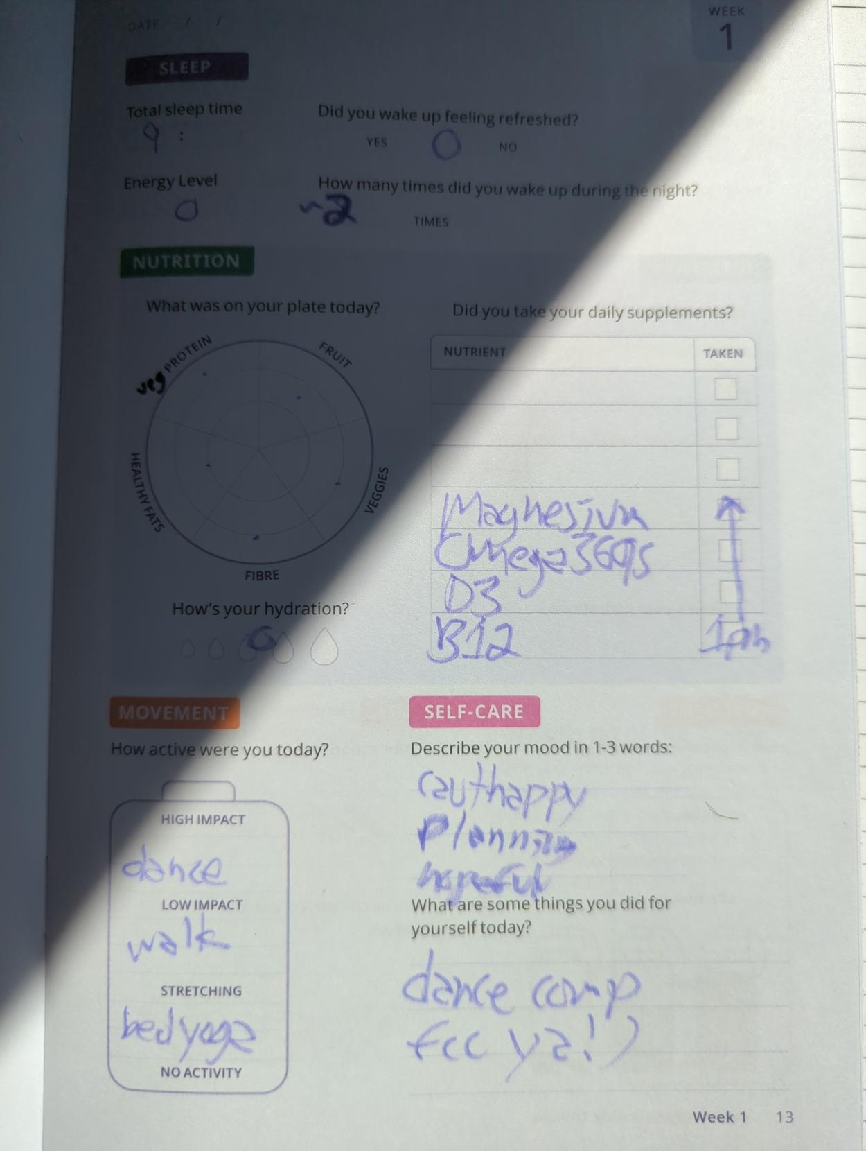 Small steps journal 

9h meh sleep
Meh energy ~2wakeups

food groups chart

magnesium omega369s d3 b12

dance walk bedYoga

cauthappy
planning
hopeful

dance comp
fcc ya! )