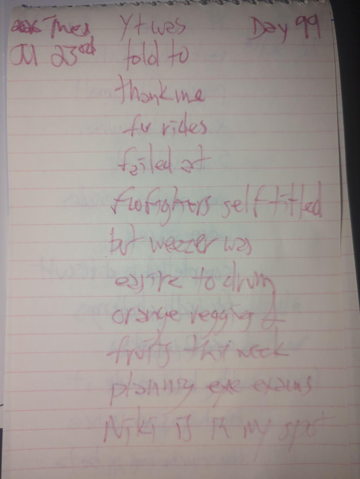 (no sketch

Yt was told to thank

me for rides

failed at foofighters self titled

but weezer was easier to drum

orange veggies & fruits this week

planning eye exams

Niki is in my spot