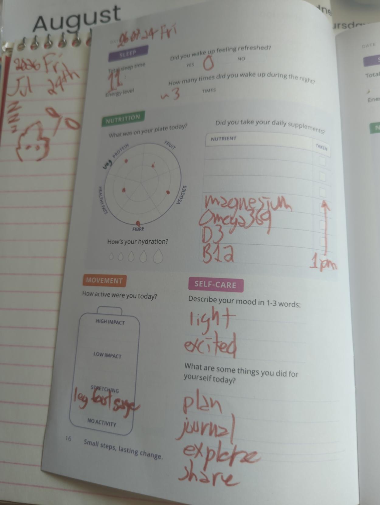 11h restful 3wake sleep

plate diagram

magnesium
Omega369
D3
B12

leg foot sage

light
excited

plan journal explore share