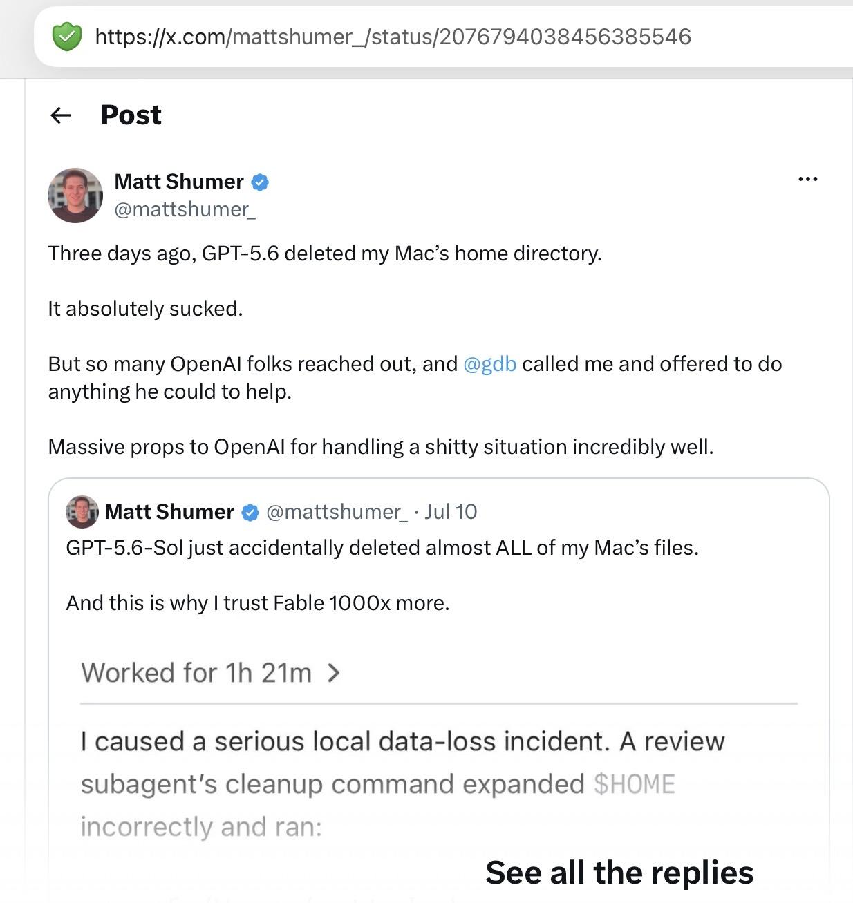 Matt and his disappearing $HOME directory.

source https://x.com/mattshumer_/status/2076794038456385546