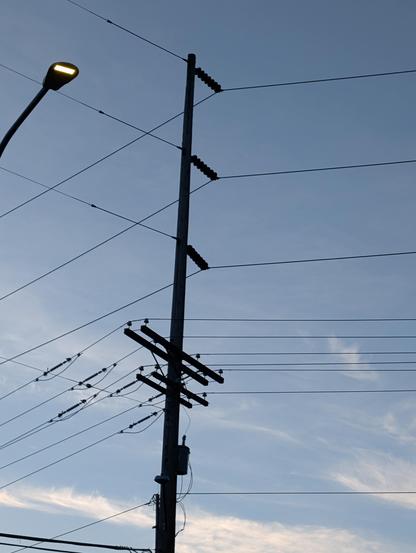 Power pole with three wires at the top each attached by long insulators and four below on a T shaped cross arm. A transformer can be seen near the bottom of the frame