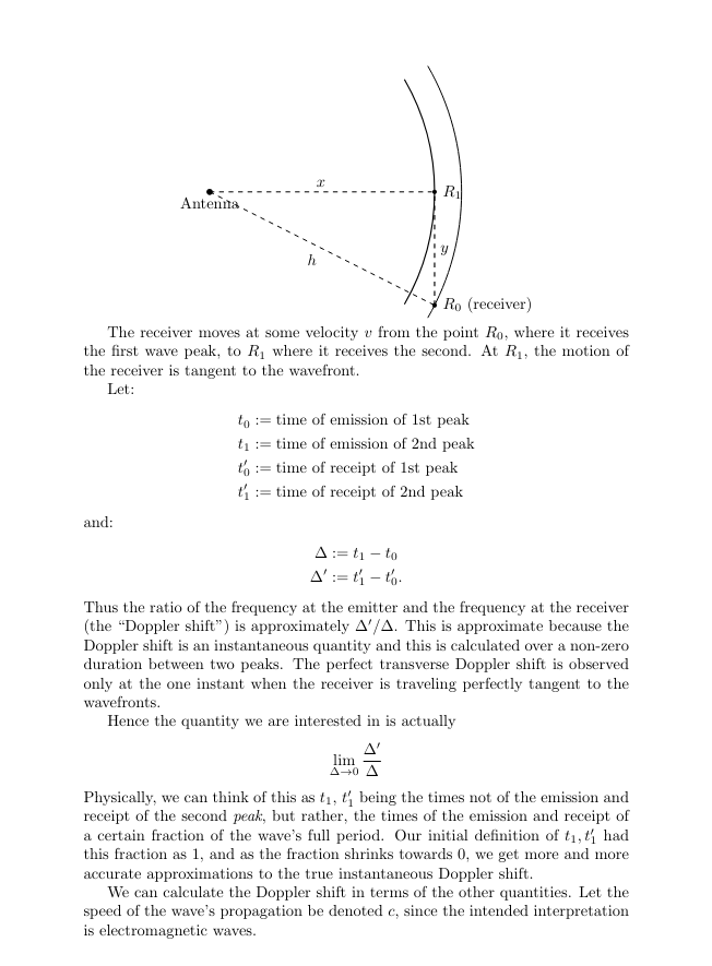A setup of an argument to calculate the transverse Doppler shift, in the situation where each small part of the wavefront always recedes from the emitter with some fixed speed, regardless of whether the emitter is moving. Hence this can be modelled with a static emitter and moving receiver.

The picture differs from the old aether model, where waves move through a fixed medium which slows them down as the emitter approaches the speed of propagation in the medium. It also differs from the modern model for the emission of EM waves where time dilation is seen as causing time to pass more slowly for the fast-moving object, causing it to emit at a lower frequency.