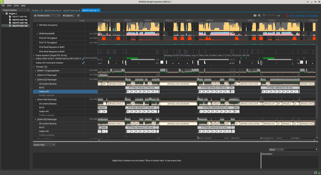 NVIDIA NSight Systems profiling trace that can't show anywhere near all of the 20+ threads I'm looking at because it's on a 1080p display and each thread has Vulkan trace and NVTX metadata attached