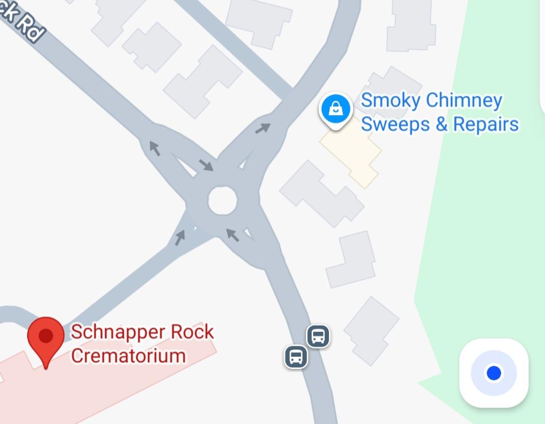 Map showing location of crematorium and nearby chimney cleaner