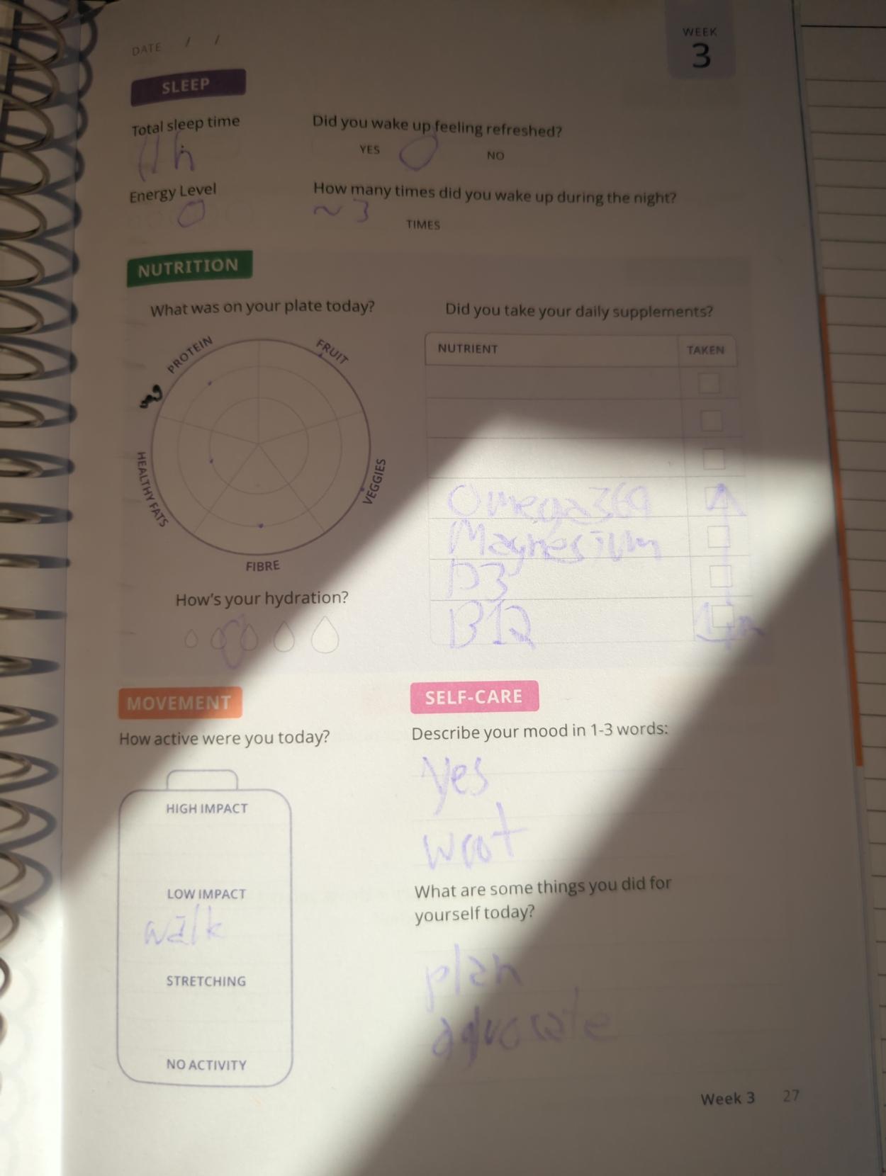 Small steps journal

11h decent sleep w~3wakeups

plate diagram 

omega369
Magnesium
D3
B12

walk

yes
Woot

plan advocate