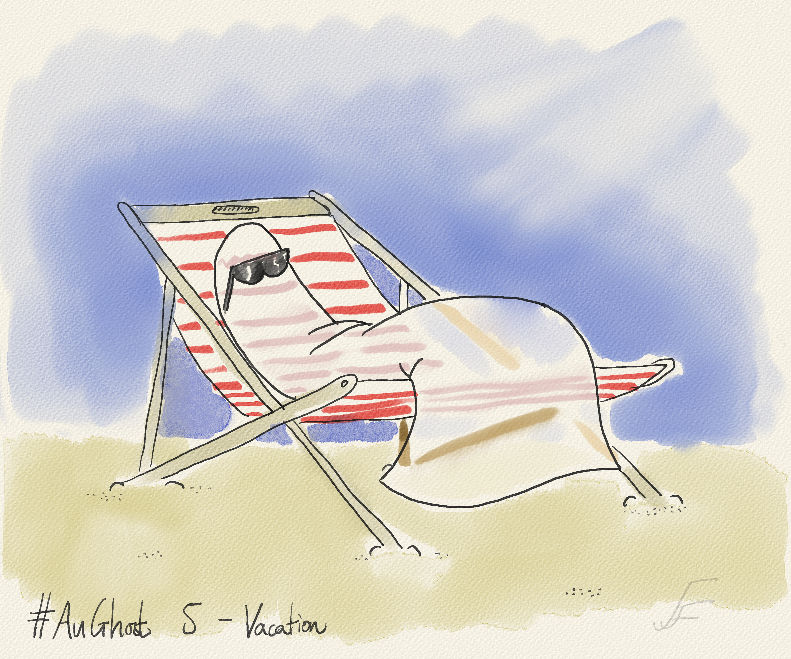 A digital watercolour doodle of a ghost relaxing on a deck chair. The ghost is wearing sunglasses.