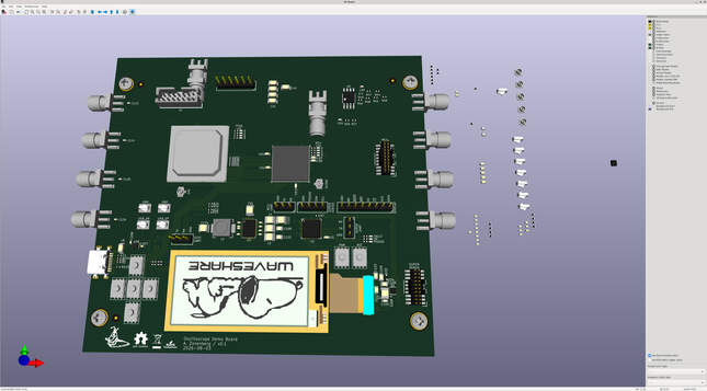 KiCAD 3D render of a squarish PCB with an FPGA, MCU, lots of SMA connectors, and a small display