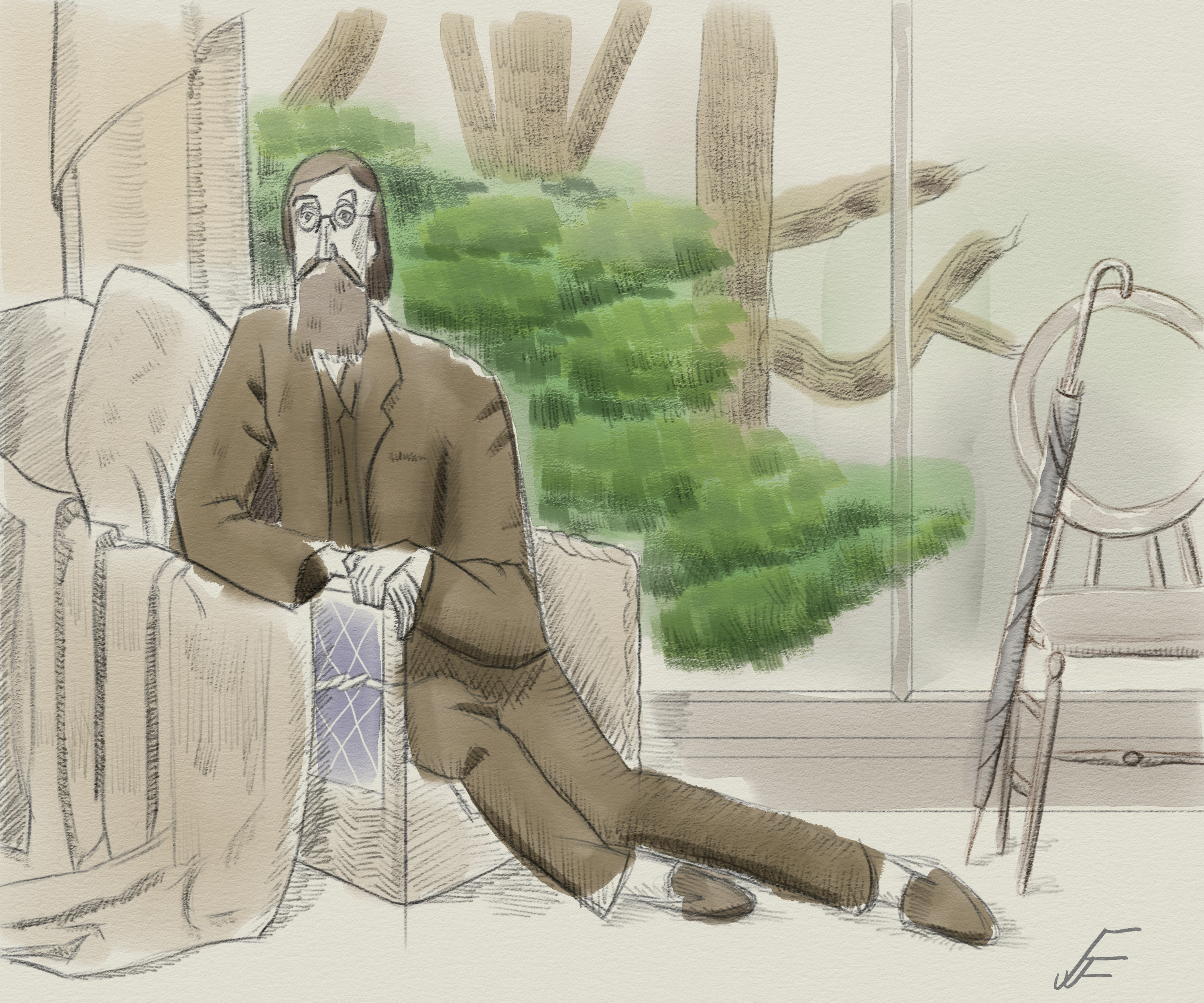 A digital painting of a man lounging in a wicker chair. His legs are sticking out from under him untidily, and he has shoulder-length brown hair, a full beard and moustache. He wears a suit, round glasses and slippers. To one side is a chair with an umbrella leaning against it. Behind him is a large window, and outside we can see large bushes and trees.
