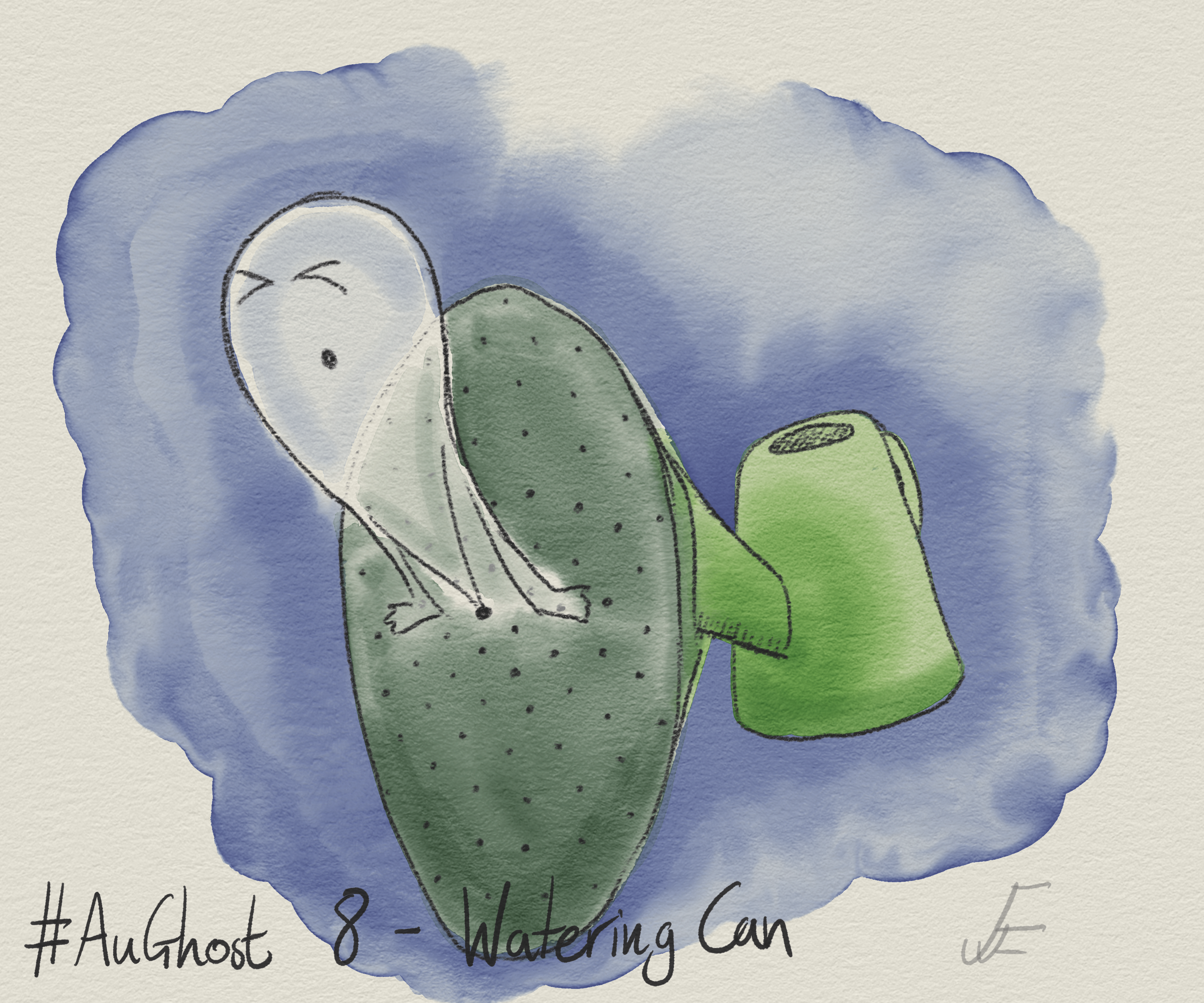 A ghost is struggling to squeeze out of a hole in a green watering can.