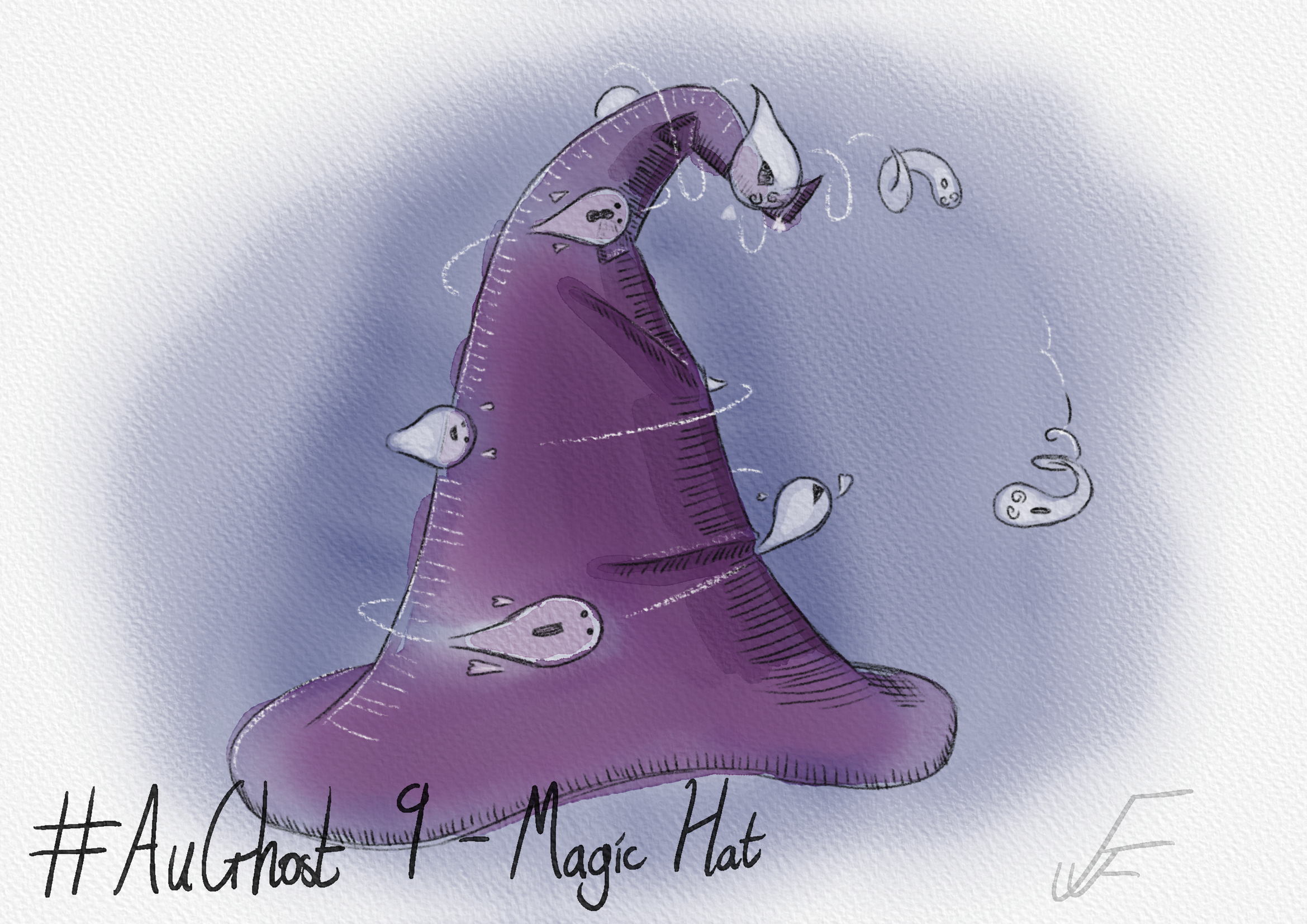 A digital watercolour painting of a purple wizard's hat with ghosts flying around it in an ascending helix. At the top, the ghosts become dizzy and spin off the pointed tip.