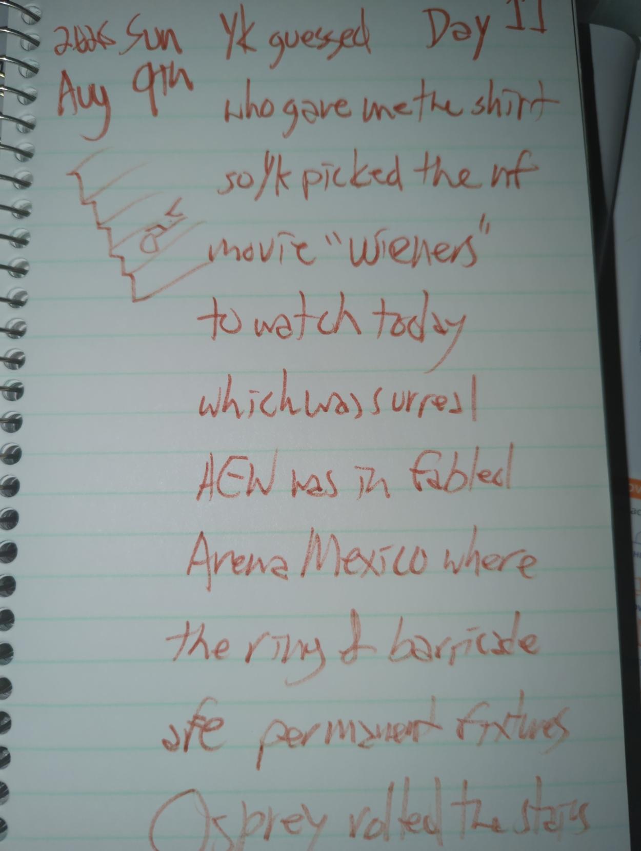 (osprey rolling down the stairs)

Yk guessed who gave me the shirt

so Yk picked the nf movie "wieners" to watch today which was surreal

AEW was in fabled Arena Mexico where the ring & barricade are permanent fixtures

Osprey rolled the stairs