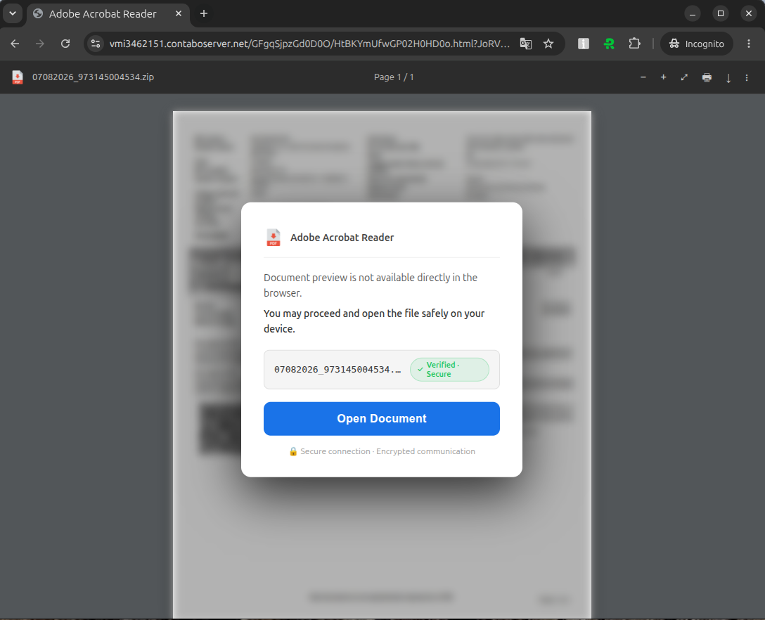 Fake Adobe PDF document download leading to Grandoreiro