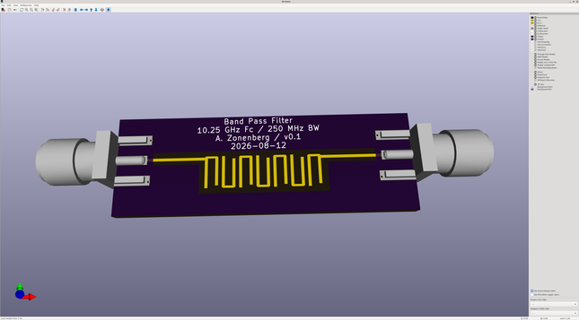KiCAD 3D render of a bandpass filter made from seven U-shaped resonant elements