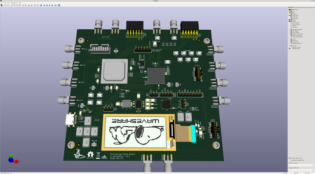 Top side of the board showing connectors around the perimeter and the FPGA and MCU in the middle