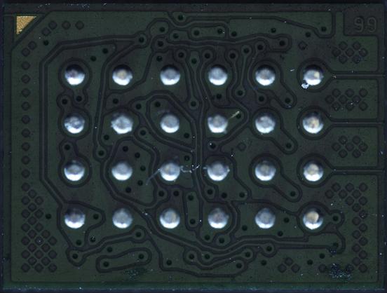 Underside of a 6x4 ball BGA showing fanout traces and green soldermask