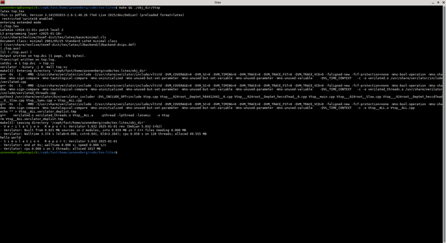 shell session showing LaTeX compiling a .tex file to a DVI, then converting the rendered DVI to systemverilog source, then running verilator, and finally executing the simulation and printing a "hello world" message