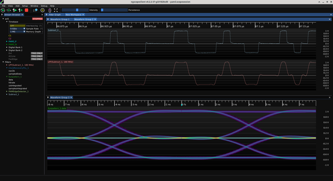 ngscopeclient screenshot showing two MLT3 waveforms, one slightly more squared off than the other, and a wide-open eye pattern