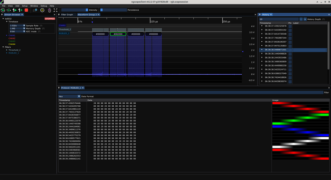 ngscopeclient showing a decode of four RGB LEDs color coded by pixel value