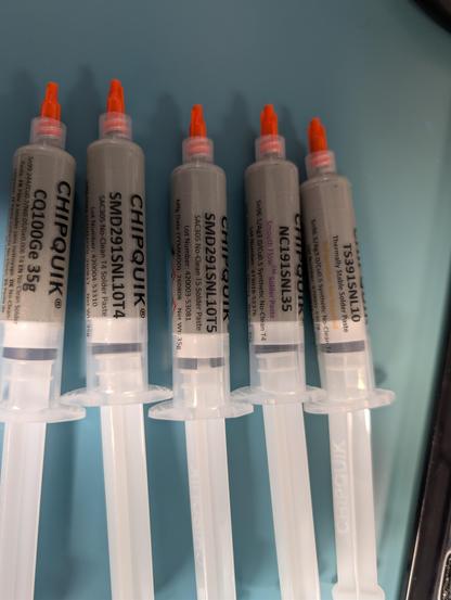 Five syringes of different kinds of solder paste, see next post in thread for detailed descriptions