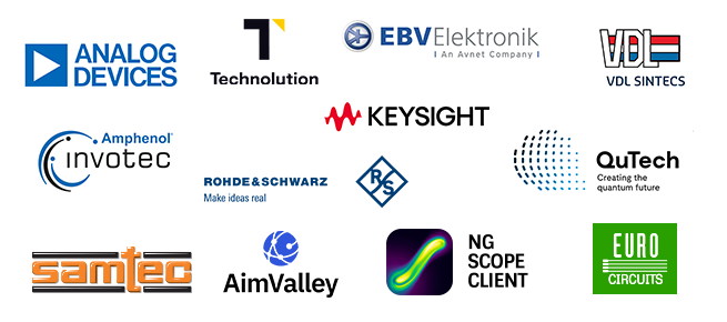 Logo collage featuring Analog Devices, Amphenol Invotec, Samtec, Technolution, Rohde & Schwarz, Aim Valley, EBV Elektronik, Keysight, ngscopeclient, VDL Sintecs, QUTech, and EuroCircuits