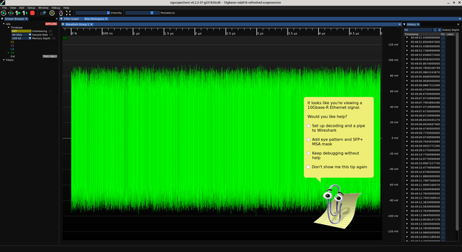 Photoshop of ngscopeclient with clippy on top saying "it looks like you're viewing a 10Gbase-R Ethernet signal" and then offering to set up various protocol decodes and signal analysis steps