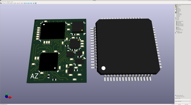 KiCAD 3D render of a very dense board full of tiny ICs and passives with a 64-pin TQFP for scale. The TQFP is the size of the entire PCB.