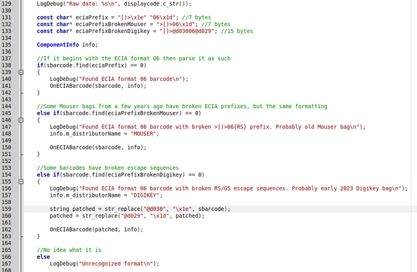 C++ code snippet parsing datamatrix barcodes with various broken headers and doubly-encoded escape sequences