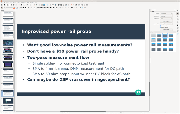 Libreoffice showing a slide talking about how to hack up a power rail probe with a scope, DMM, and some adapters
