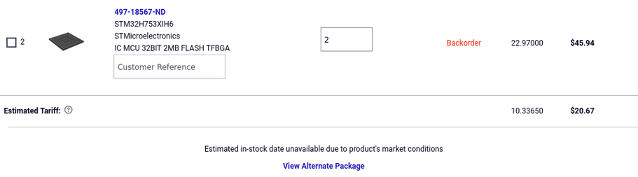 Digikey showing a STM32 as out of stock, on backorder, with no estimated delivery date "due to product market conditions"