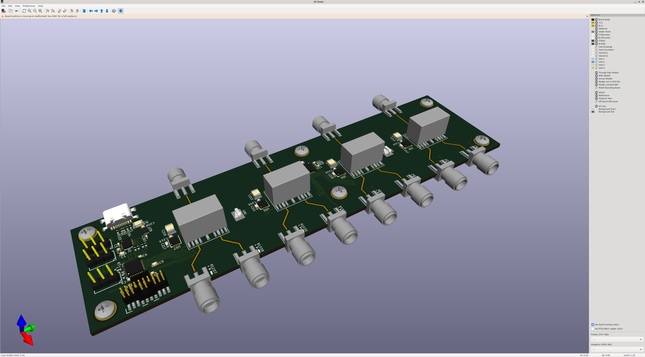 KiCAD 3D render of a board with four repeated circuits each consisting of two SMAs on one side of a relay and one on the other side.

The whole thing is controlled by a MCU powered by a USB port at one side.
