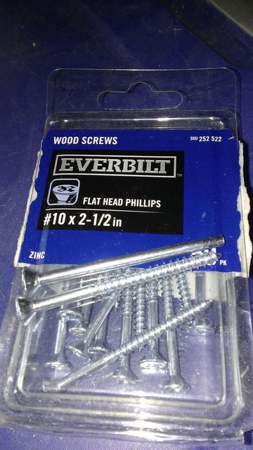 Box of #10 x 2.5 inch wood screws but one of them has no threads and is just a blank with a head
