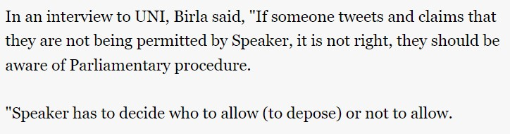 LS Speaker Om Birla explains his unique view to United News of India: It's incorrect that he's not permitting me, as he has to decide who to allow or disallow.

I don't understand how 