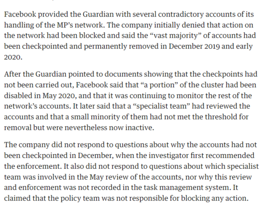 FB provides responses 1/2 to the Guardian: First claiming that I'm lying, and then saying that it had waited half a year to take down Vinod Sonkar's presumably without telling me