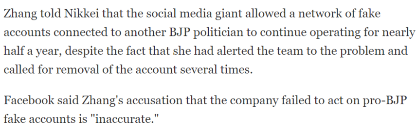 FB provides Response 3 to Nikkei Asia: That their own statement that they'd waited half a year to take down the Vinod Sonkar accounts, which they'd provided to the Guardian, is "inaccurate"