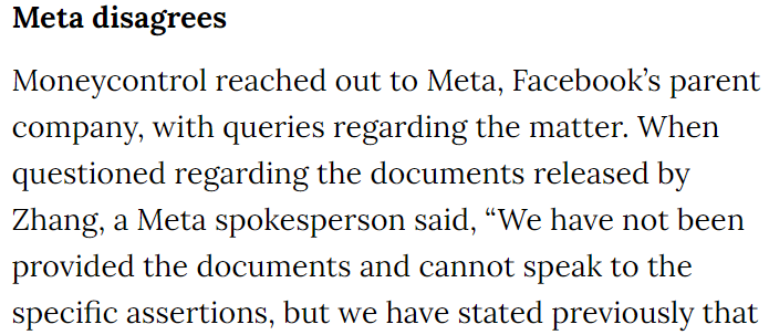 FB provides Response 4 to Moneycontrol: "We have not been provided [the documents that were released globally for every single person to see] and cannot comment on the specific assertions."