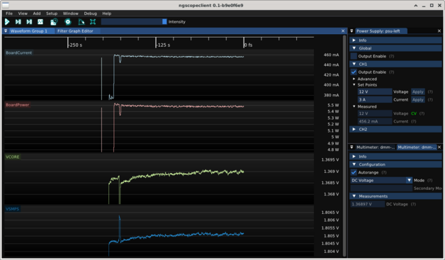 ngscopeclient screenshot showing MCU core power rails slowly increasing by ~500 uV as the die warms up