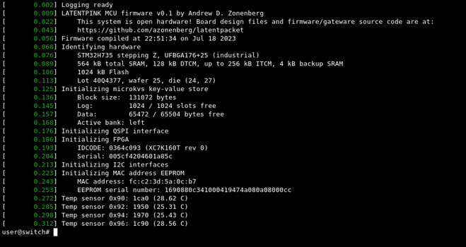 Serial console screenshot showing I2C sensors and EEPROM working