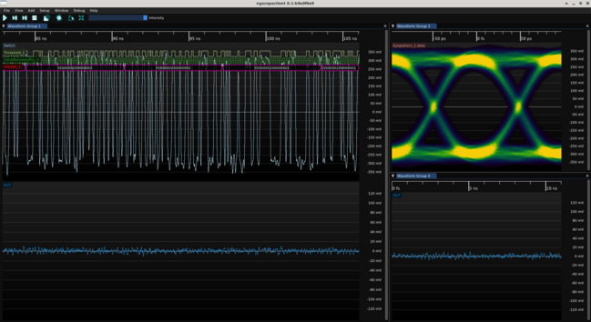 ngscopeclient screenshot showing 10.3125 Gbps 64/66b waveform coming from my core switch, and no response from the LATENTPINK board