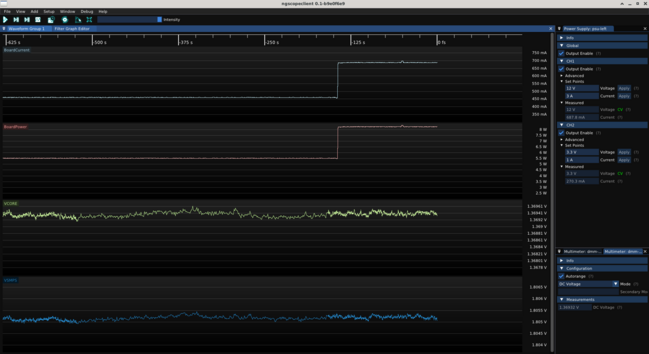 ngscopeclient screenshot showing power consumption of the board over time, climbing suddenly as the new bitstream is loaded