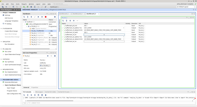 Vivado VIO screenshot showing successful write and readback of a memory address