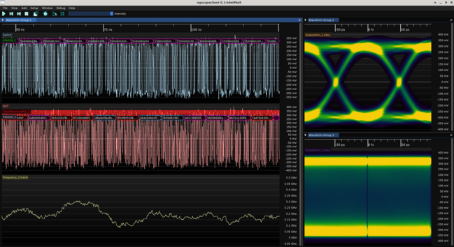 ngscopeclient screenshot showing valid data coming off the wall port, but nonsense coming from the DUT