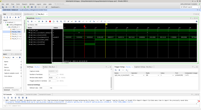Vivado screenshot showing a frame coming off the MAC