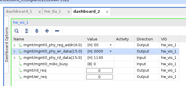 Vivado ILA screenshot showing successful read of a PHY MDIO register