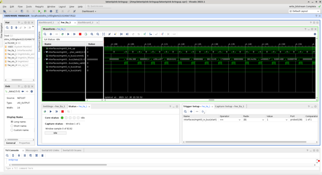 Vivado ILA screenshot showing an incoming Ethernet frame on the RGMII bus
