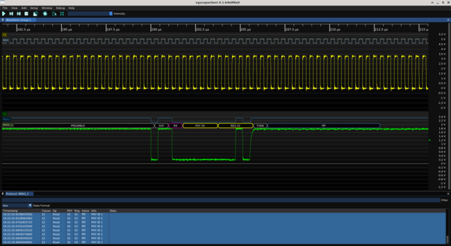 Screenshot of ngscopeclient showing MDIO traffic