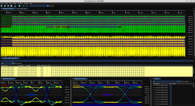 Screenshot of ngscopeclient showing ARP queries being received on a QSGMII link