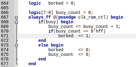 SystemVerilog code snippet that sets a variable called "borked" if "busy" is asserted for 255 consecutive clock cycles